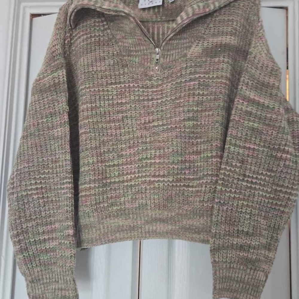 Cream and Green Cowl Neck Sweater with Textured Knit